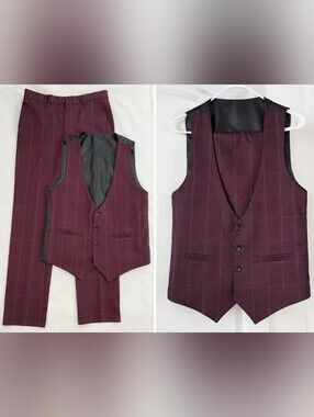 Men's Burgundy Windowpane Vest & Dress Pants Suit Set